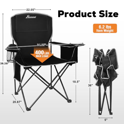 Romswi Lightweight 2Pcs Camping Chairs for Adults 400LBS Capacity, Folding Lawn Chair with 4-Can Cooler Bag, Cup Holder,Collapsible Portable Outdoor Chair for Tailgating, Beach, Fishing,Black - Image 3
