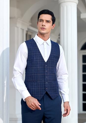 HISDERN Men's Suit Vest Plaid Dress Vest for Men Slim Fit Formal Business Waistcoat Tuxedo V-Neck Solid Vest for Wedding2