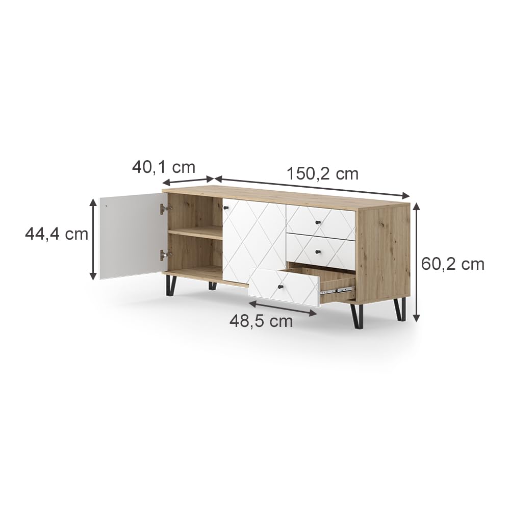 Vicco Lowboard Nizza, Artisan-Eiche, 150.2 x 60.2 cm | mit 3 Schubladen & 2 Türen, zur Nutzung als Ablagefläche neben dem Bett