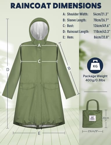 ANYOO Wasserdichter Regenmantel für Damen, Regenjacke mit Kapuze, leichter langer Regenmantel, Windjacke, Trenchcoat, Armeegrün, Einheitsgröße