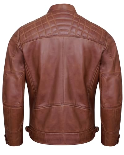 Image of Leather Jacket Men - Real Lambskin Motorcycle Jacket with Snap Tab Collar, Adjustable Waist & Zippered Pockets