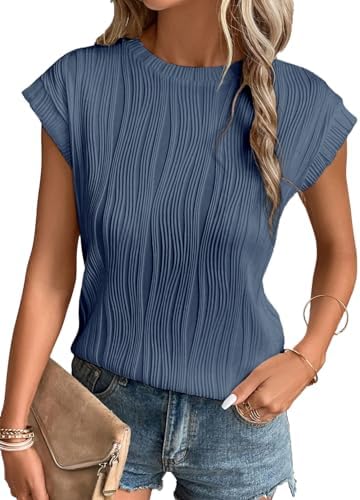 EVALESS Womens Short Sleeve Round Neck Spring Summer Textured Tops 2024 Fashion Trendy Casual Loose Fit T Shirts Tee Blouses Clothes Blue XX-Large