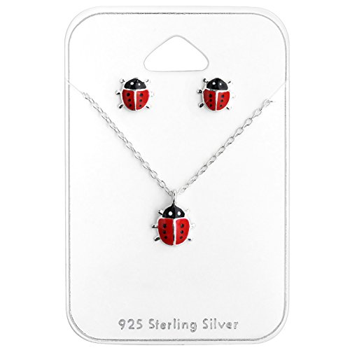ICYROSE 925 Sterling Silver set Tiny Red Ladybug Necklace and Stud Earrings (Nickel Free)