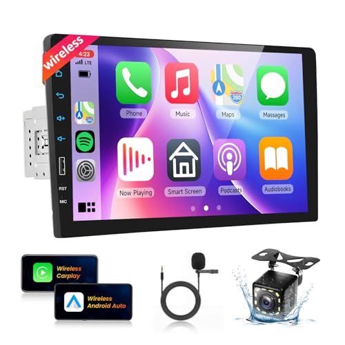 Wireless Carplay Single Din Car Stereo with Wireless Android Auto Airplay Mirror Link,Podofo 9inch 1080P HD Touch Screen Bluetooth Radio Audio Receivers with FM Radio SWC EQ DVR 12LED Backup Camera