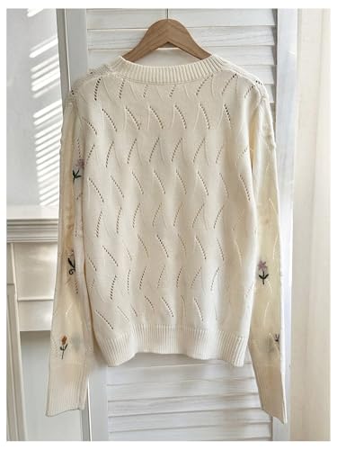 GORGLITTER Women's Embroidered Sweaters Floral Lightweight Long Sleeve Crochet Knit Cute Fall Sweater 20252