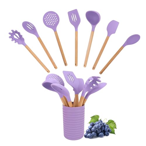 Kochutensilien Set, 7-teiliger Holzgriff Silikon Geschirr Set, Hitzebeständige Kochutensilien mit Aufbewahrungseimern, Einschließlich Spatel,...