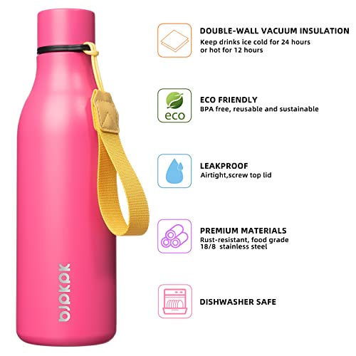 Image of BJPKPK Insulated Water Bottles, 18 oz Stainless Steel Metal Water Bottle with Strap, BPA Free Leak Proof Jugs, Mugs, Flasks, Reusable Thermal Flasks for Sports & Travel, Pink
