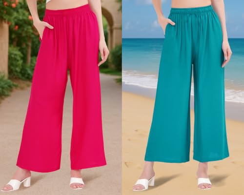 Image of Buy That Trendz Palazzo Pants for Women Rayon Elasticated Regular Fit Flared Wide Leg M to 6XL Pack of 2