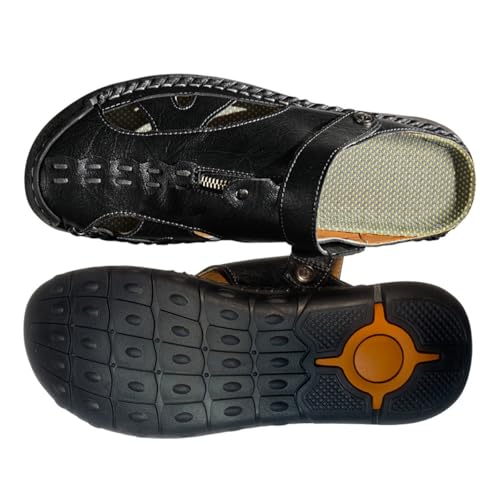 Men's Casual Leather Sandals Handcrafted Adjustable Fisherman Style with Zipper Accent Summer Beach Walking