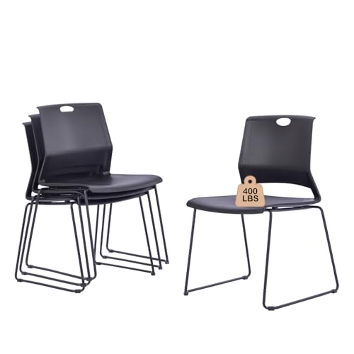 Ofrnseze Black Stacking Chairs Set of 4, Modern Stackable Office Chairs with Wide Plastic Seat & Metal Sled Base for Waiting Room Break Room Conference Church Banquet Lobby