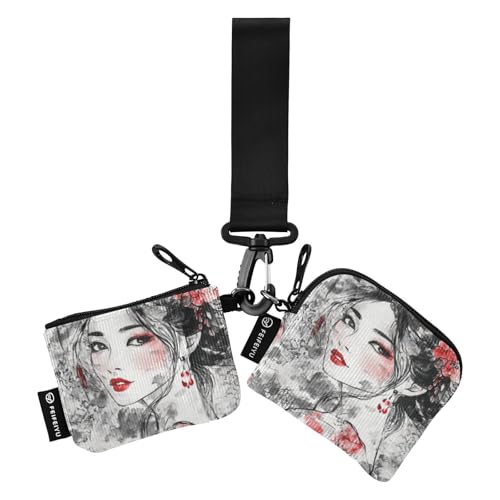 Chinese Style Beauties Women's Change Wallet Card Cases Small Detachable Zipper Cash Coin Purse with Wristlet Strap for Women 2 Packs tarjetero para tarjetas de credito