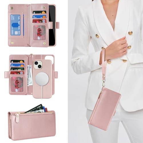 Étui portefeuille amovible pour iPhone 16 or rose avec MagSafe et fermeture zippée