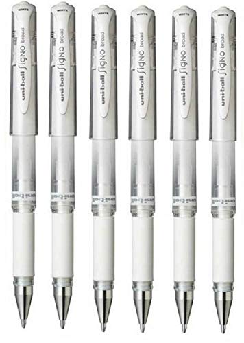 Blanc uni Ball Signo Stylo roller encre gel Pointe métal 1 mm métallique large pointe Largeur de ligne 0,65 mm avec grip en caoutchouc um-153 (Lot de 6)