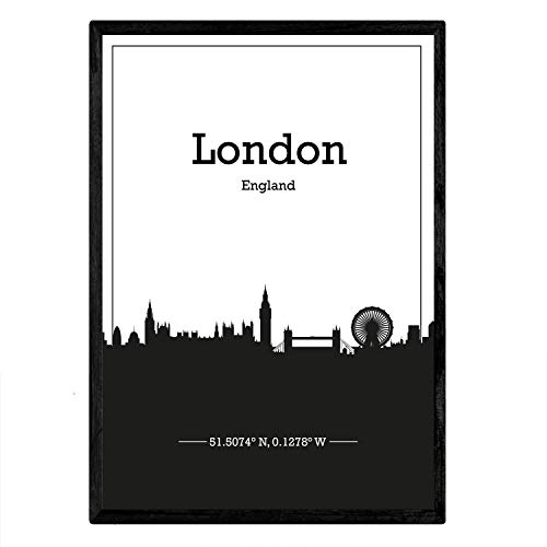 Nacnic affisch med karta över London - England. Affischer med skyline av städer i England och Irland med svart skugga. A3 storlek med ram