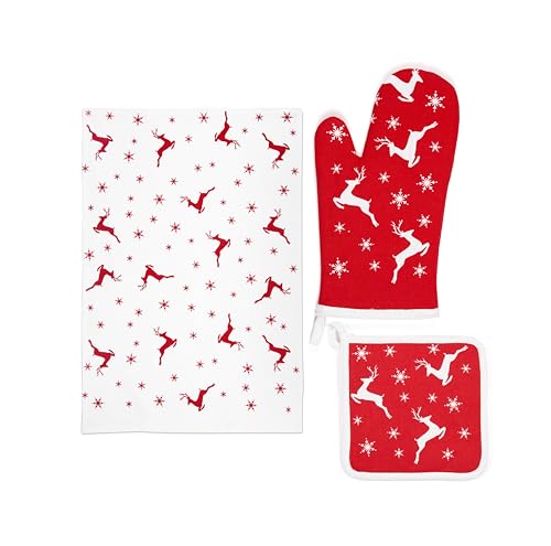 Excelsa Nordic Christmas - Juego de Cocina navideña, Guante de Horno, manopla y paño de Cocina de algodón, Blanco y Rojo con Renos y Copos de Nieve, 3 Piezas