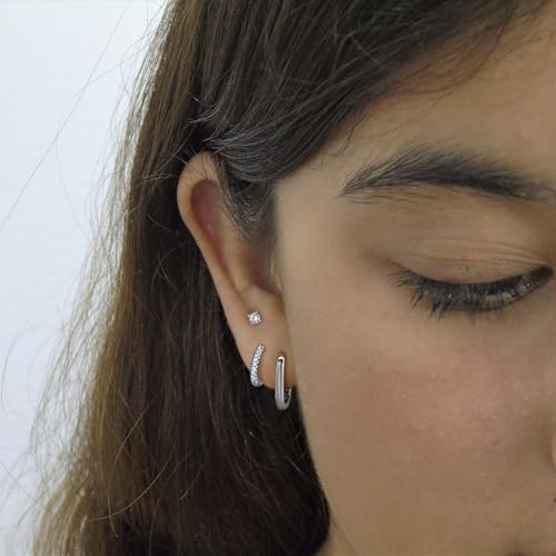 FSLEAD Silver Plated Paperclip Earring Stack Set for Women - U Hoop Rectangle Earrings, Dainty CZ Stud & CZ Huggie Hoop, Hypoallergenic Stackable Earrings for Multiple Piercings, Trendy Gift for Her — view 5