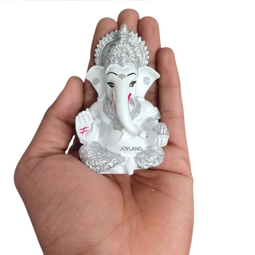 Image of JOY LAND Lord Ganesha Car Dashboard Idol | White & Gold Ganesh Murti for Car Dashboard, Home & Office Decor (White Silver)