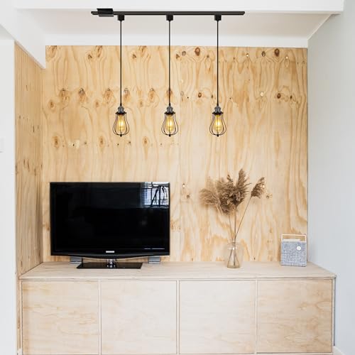 Kiven H-Type Track Lighting, 3-Light Industrial Halo Track Lighting Pendants with Metal Cage Lampshade, H Track Light Pedant for Kitchen Island Home Cafe Bedroom, Total Length 31.5",Pearl Black