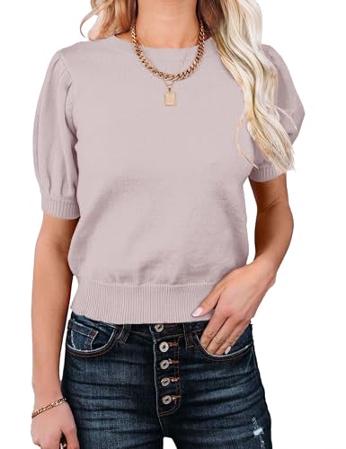 Image of Womens Puff Short Sleeve Sweater Tops Crewneck Basic Knit Pullover Lightweight Casual Sweaters