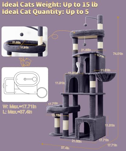 Image of 74 Inch Heavy Duty Cat Tree for Large Cats, Multi-Cat Tower with 3 Condos, Tall Cat Condo with XL Platform, Hanging Basket & Sisal Scratching Posts, PMT04DG, Dark Grey