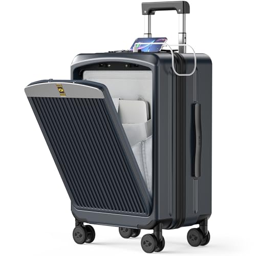 Carry on Luggage 22x14x9 Airline Approved, Durable PC Hardside Suitcase with TSA Lock for Business Trip & Travel, 20 Inch Carry-on Luggage with Front Pocket, USB Port & 360°Spinner Wheels, (Dark Grey)