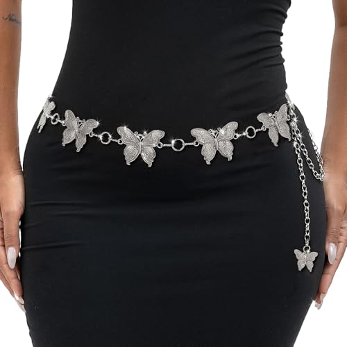 ELABEST Butterfly Belt Rhinestone-Metal-Turquoise Gold Silver Carving Chunky Waist Chain Accessories for Women