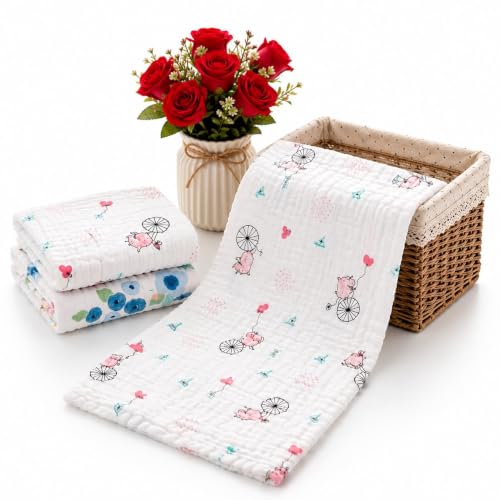 Image of Muslin 6 Layer 100% Organic Bamboo Cotton Face Towels for Newborn Baby Extra Soft Hankies Reusable Napkins for Infants Toddlers /Kids Random Print (50x25 CM Pack of 03)