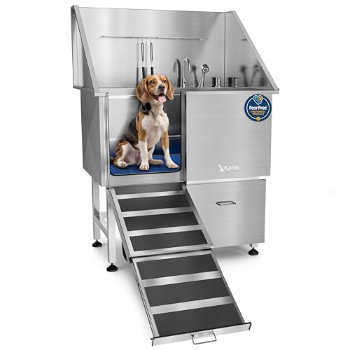 Image of KANIS Professional Dog Washing Station 304 Stainless Steel Pet Wash Sink & Grooming Bathtub w /Shower, Floor Grates and Storage for Large, Medium & Small Pets (Silver, 40 Inches, Left Ramp, 1 Drawer)