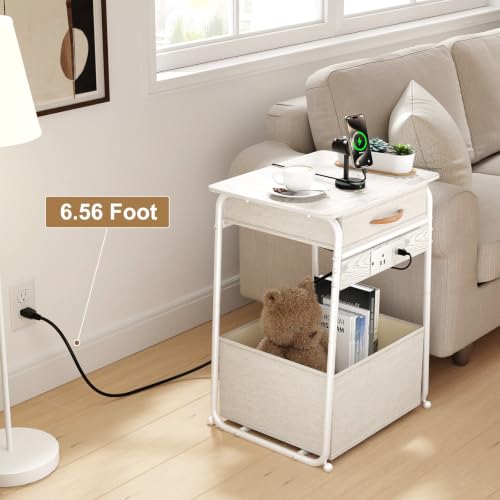 Image of End Table with charging station White Side Table with Storage Rectangular