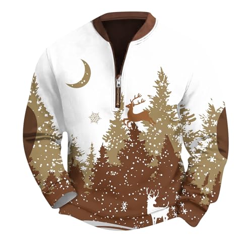 Christmas Sweatshirts for Men Quarter Zip with Elbow Patches Polo Shirts Vintage Xmas Slim Pullover Tops
