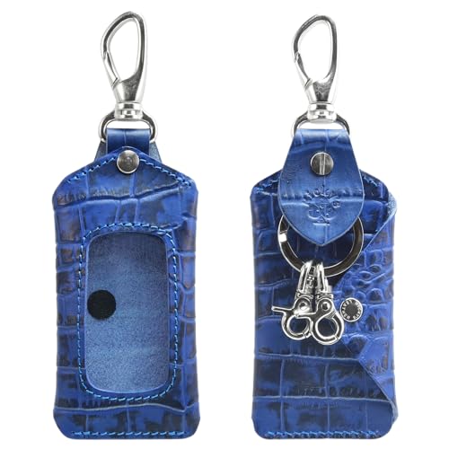 スマートキーバッグホルダー Lサイズ エンボスクロコ ブルー 【Ricky's】 単体 ほぼ 全機種対応 スマートキー クリア窓 窓付き キーケース キーレス ケース キーカバー 玄関扉 鍵 家 ドアキー YKKAP LIXIL 三協アルミ 本革 革 レザ
