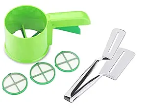 ASVMART 3 in 1 Flour Sifter Sieve with SS Double Sided Spatula Turner | Combo Handheld Sieve Flour Strainer Chalani and 10Inch Food Flipping Tong Steak Clamp