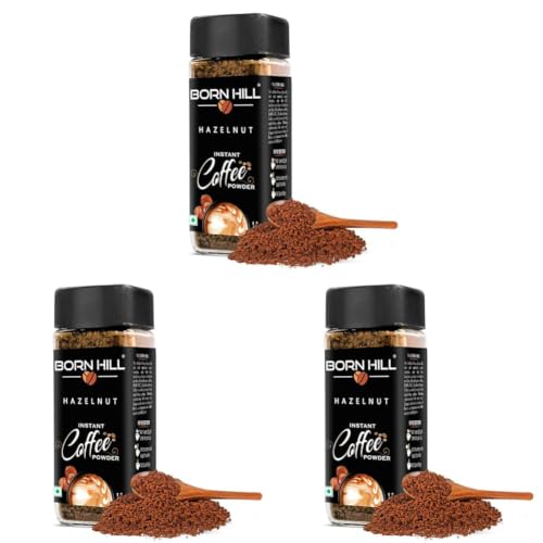 Image of BORN HILL Hazelnut Instant Coffee, 50g | 100% Arabica & 0% Chicory | Rich Hazelnut Flavor | Makes 25 cups | Hot & Cold Brew | Vegan | Premium Coffee Powder (Pack of 3)