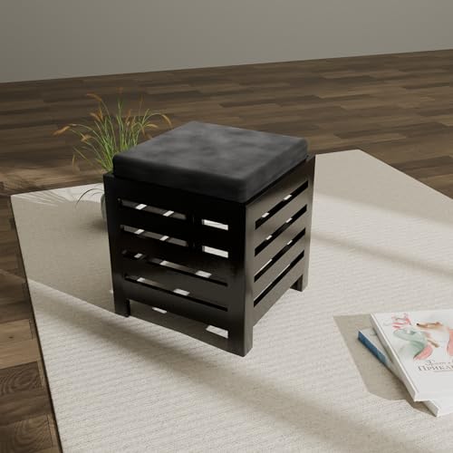 Image of ETIQUETTE ART Cushion Wooden Stool - Square Table For Office, Kitchen, Or Bedside With Black Cotton Cover