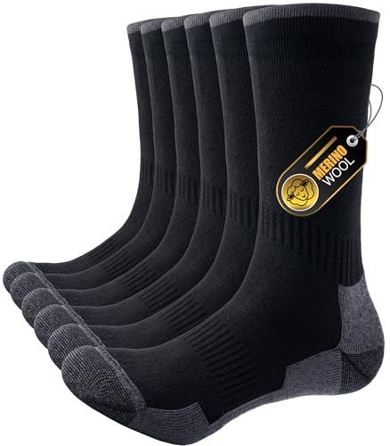 PULIOU Wandersocken Merino Socken Herren Damen, Outdoor & Trekking-Socken, Anti-Blasen, Gepolstert Arbeitssocken Laufsocken Sportsocken, Schwarz 43-46 (3 Paar)