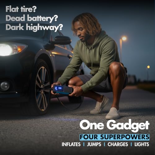 Image of Reffair AirSwift100 4-in-1 Jump Starter (800A Peak - 8L Gas /5L Diesel), Portable Tyre Inflator (150 PSI, 22L /Min), 8000mAh Power Bank, LED Emergency Light - BIS Certified, Compact with Bag
