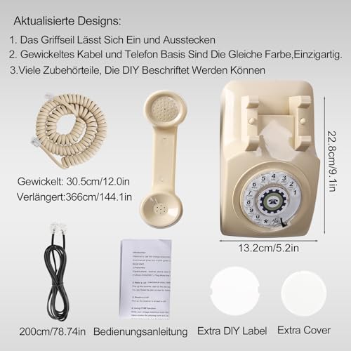 Retro Telefon mit Wählscheibe, Rotationsfernsprecher Ausgeschaltetem Klingel, Altes Telefon mit Mechanischer Glocke, Klassisches Vintage Verkabeltes Telefon, Backup Notfalltelefon,Beige