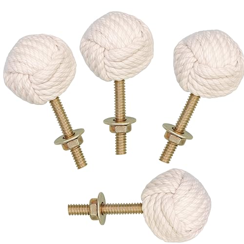 ANTIQUES HUB Jute Rope Door Knobs - White Pull and Push Handle Knobs for Cabinets, Wardrobes & Cupboards - Nautical Handmade Jute Ropes Door Knobs/Rope Knot Drawer Pulls - Home Decor Gifts (Set of 4)