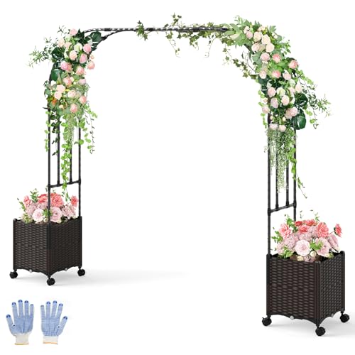 COSTWAY Garden Arch with Planter Box, 2M Metal Pergola Arbor Trellis with Self-Watering System & Lockable Wheels, Rose Vines Climbing Plant Support Archway for Lawn Backyard Wedding (288 x 40 x 200cm)