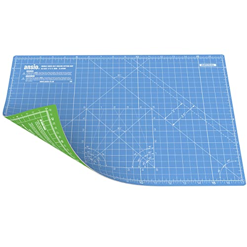 ANSIO Base de Corte A3 Doble Cara Auto curación 5 Capas para Costura y Manualidades - Imperial/métrica 17 Pulgadas x 11 Pulgadas / 42 cm x 27 cm - Azul Cielo/Verde Lima