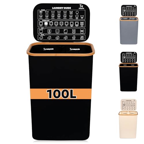 100L Laundry Basket with Lid 2 Compartments for Sorting Laundry Hamper Laundry Bin with Care Guide & 2 Removable Inner Bags Dirty Clothes Basket with Bamboo-Rim Oxford Fabric (Black 100L)