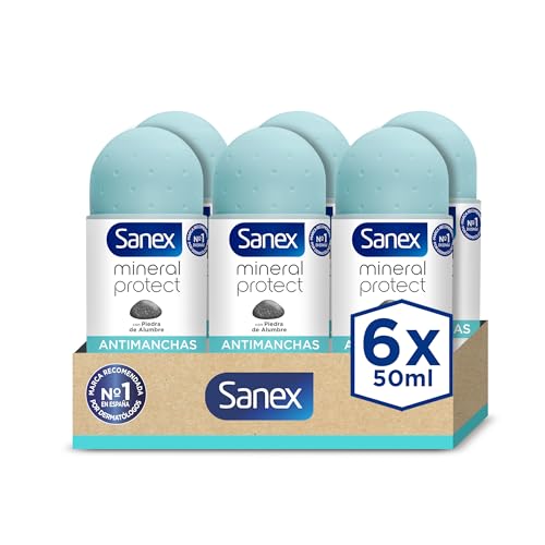 Sanex Mineral Protect, Desodorante Hombre o Mujer, Desodorante Roll-on, Anti Manchas Blancas, Pack 6 Uds x 50ml