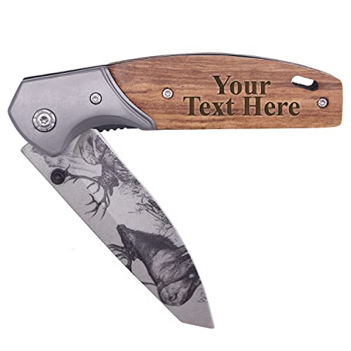 Custom Engraved Folding Pocket Knife with Elk Blade - Personalized Hunting Fishing Gift for Dad, Men, Him, Husband - Customized with Name
