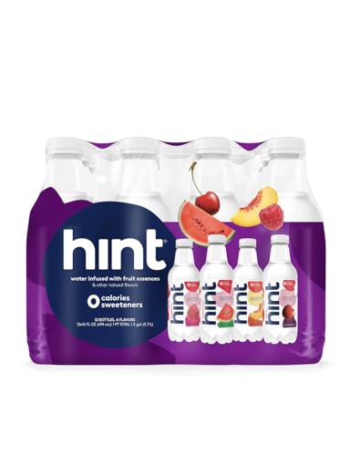 Hint Water Purple Variety Pack (Pack of 12), 16 Ounce Bottles, 3 Bottles Each of: Raspberry, Watermelon, Cherry, and Peach, Zero Calories, Zero Sugar and Zero Sweeteners