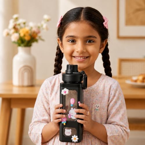 Image of Kawaii Water Bottle with Straw and Sticker, Kawaii Bear Water Bottle, Large Sport Plastic Portable Square Drinking Bottle for Girl, Cute Juice Tea Water Cups, 700 ML (BLACK)