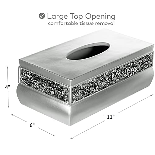 Image of Crackled Glass Silver Tissue Box Cover Rectangular - Decorative Bling Tissue Box Holder With Beautiful Mosaic Glass - Elegant Tissue Holder For Bathroom With Durable Bottom Slider (Silver Collection)