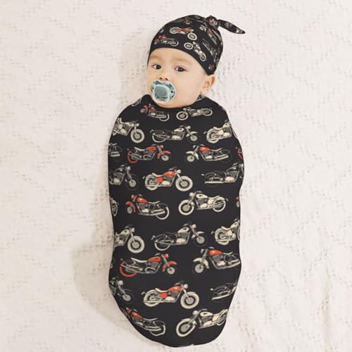 Image of Motorcycles On Black Background Newborn Swaddle Blankets Hat Sets Soft Baby Receiving Blanket Swaddle Sack for Baby Shower Infant Boy Girl Gift