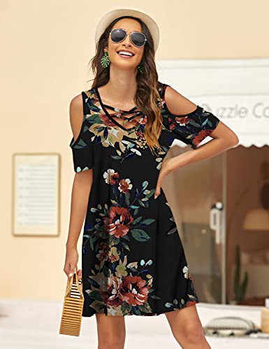 Image of Bluetime Women Cold Shoulder Summer Dress Short Sleeve Beach Casual Loose Swing Dress
