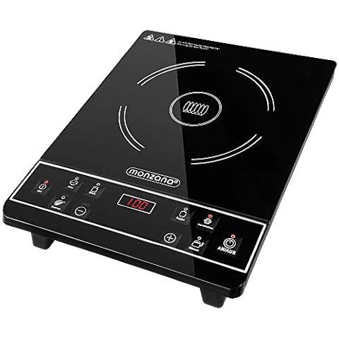 Monzana Einzel- Induktionskochfeld bis 28 cm Touch Display LED 6 Programme Timer-Funktion 2000 W Kristallglas Küche Camping Mobil Kochplatte Kochfeld Cover