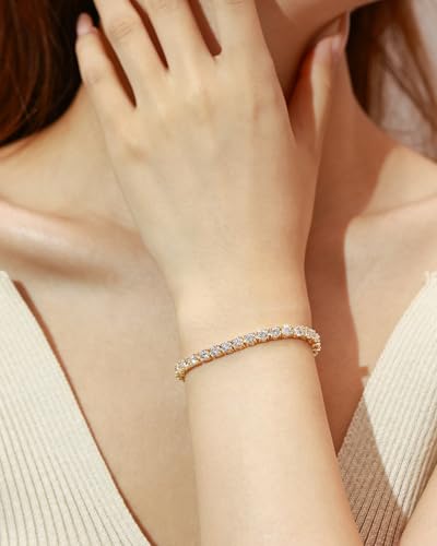 FANCIME Gold Moissanite Tennis Bracelet 1.2ct-12ct Lab Created Moissanite Diamond Bracelets,925 Sterling Silver Adjustable Bolo Tennis Bracelets, 2/3/4/5mm D Color VVS1 Round Cut Moissanite Bracelet for Women 5